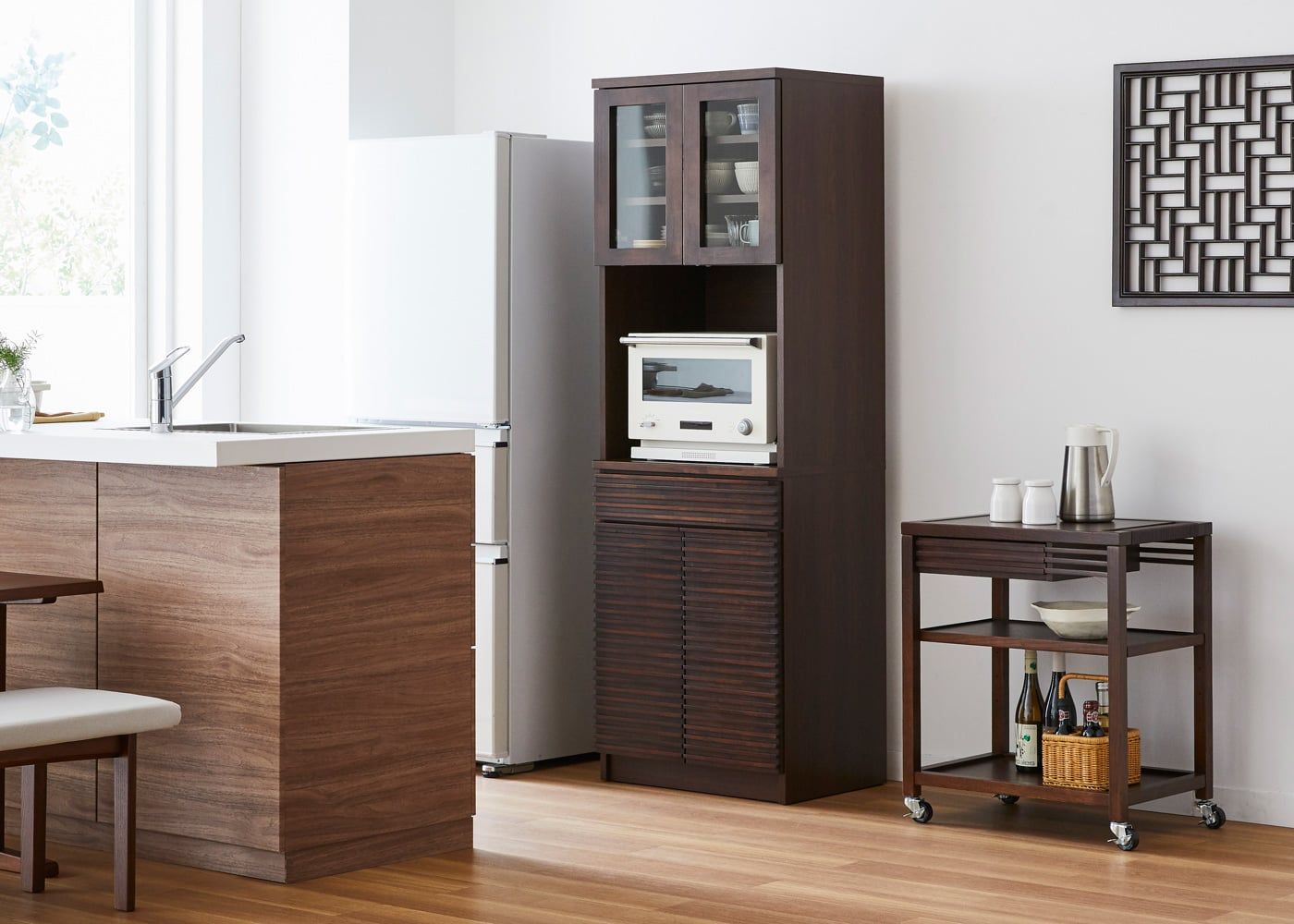 【値下げ中】食器棚　カップボード　オーク　レンジ台　収納力　フィーノ 食器棚 完成品 キッチンボード ダイニングボード 幅80cm 日本製