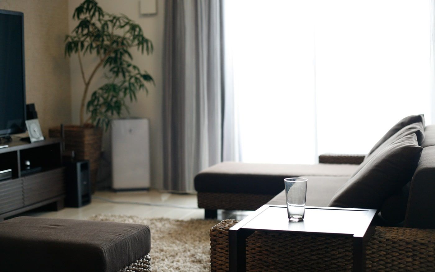 No.33 ブラウンでコーディネートされたロースタイルなリビングルーム